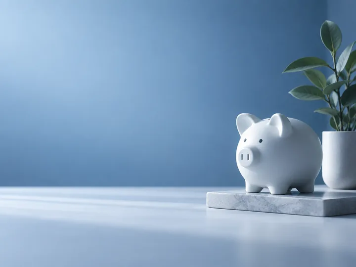 Imagem de hero de site com cofrinho branco à direita e espaço livre à esquerda