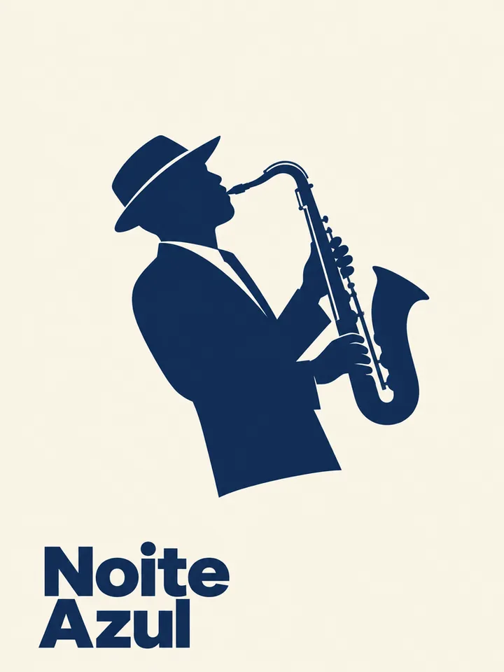 Pôster minimalista de festival de jazz com o título Noite Azul